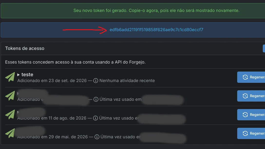 Exibição do token gerado